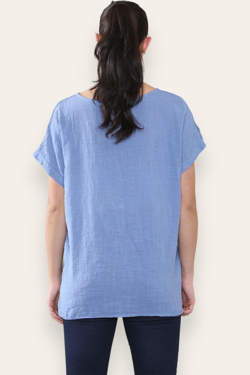 CROCHET LACE SHOULDER DETAIL TOP - DENIM