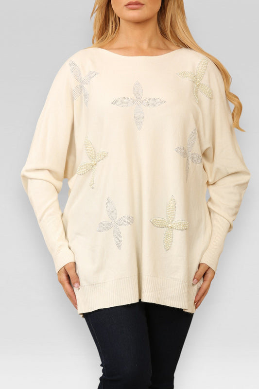 PEARL DIAMANTE FLOWERS KNITTED JUMPER CREAM