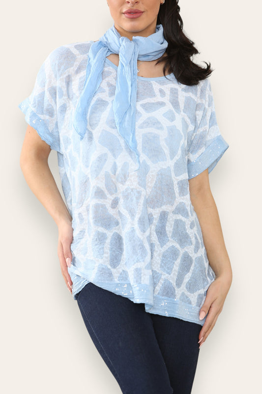 MARBLE PRINT SCARF TOP LIGHT BLUE