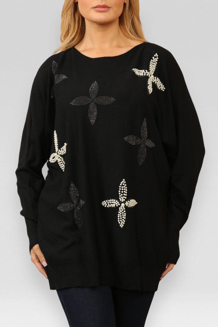 PEARL DIAMANTE FLOWERS KNITTED JUMPER BLACK