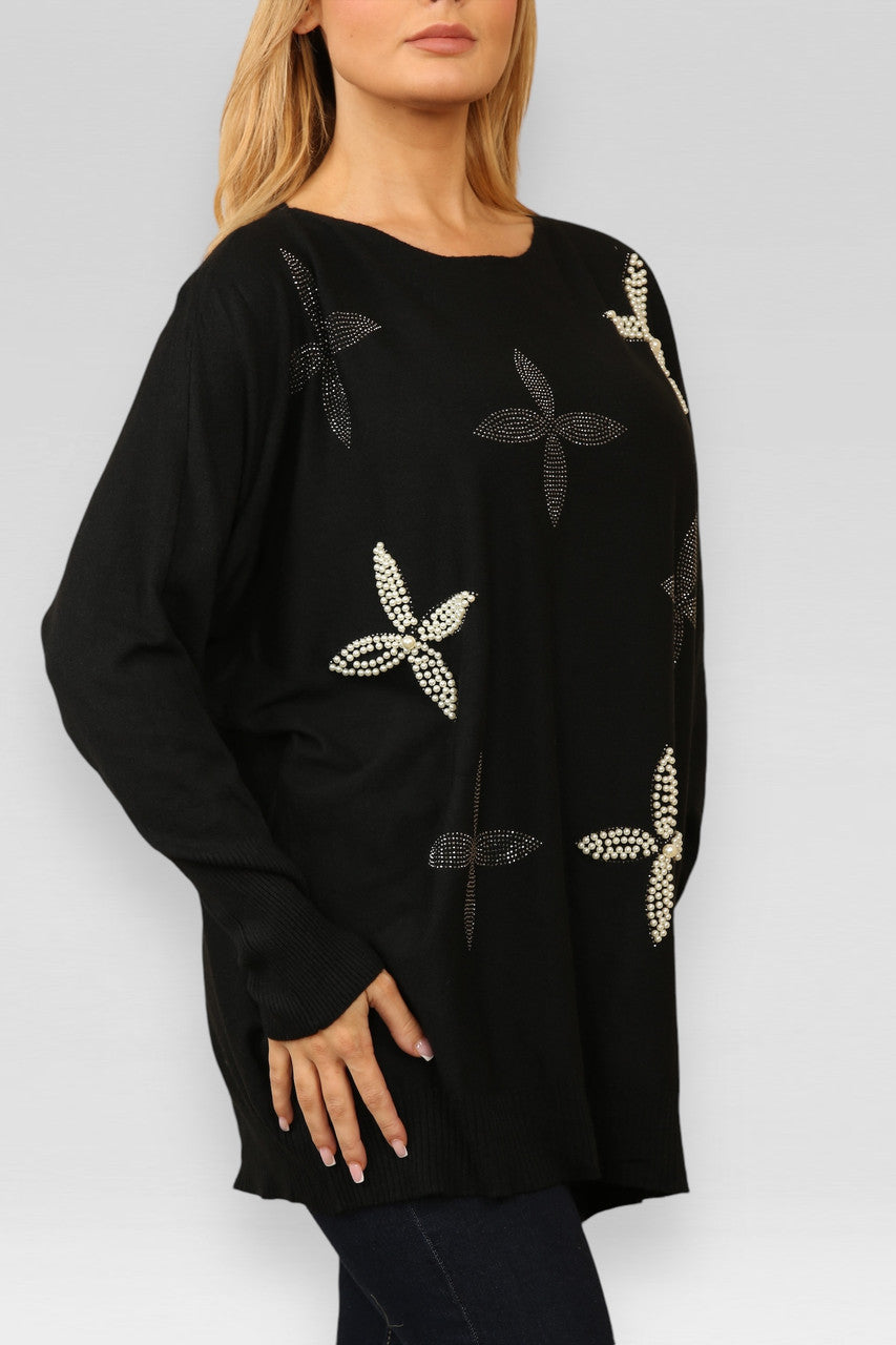 PEARL DIAMANTE FLOWERS KNITTED JUMPER BLACK