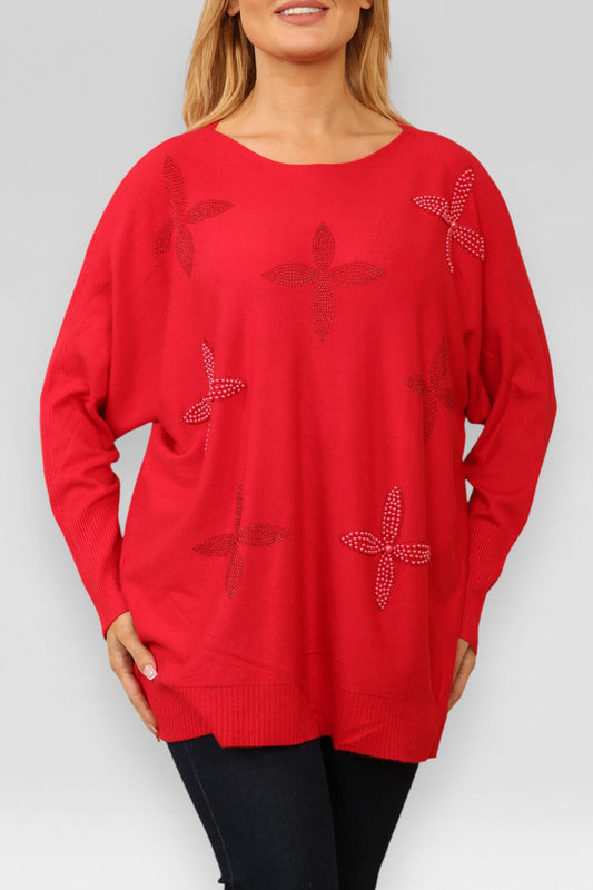 PEARL DIAMANTE FLOWERS KNITTED JUMPER RED