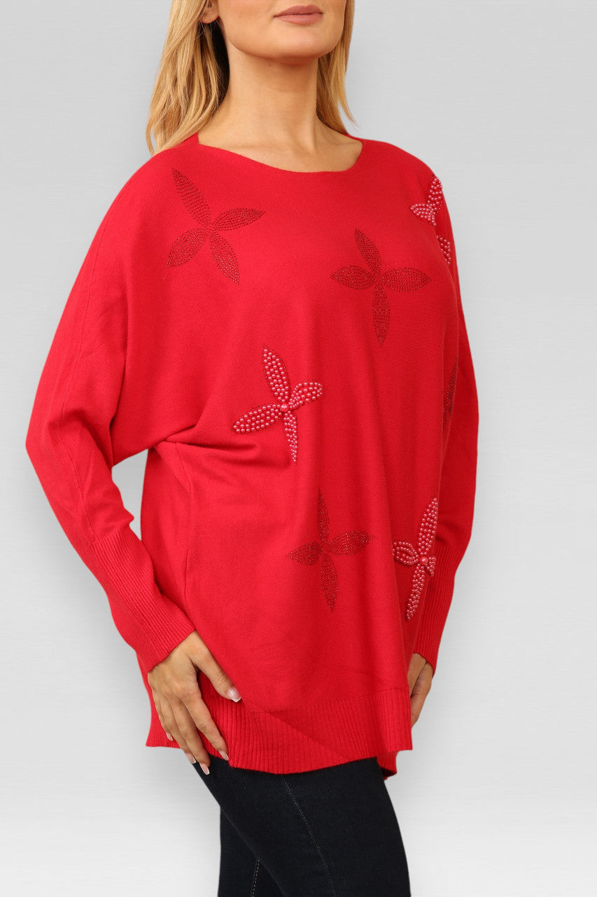 PEARL DIAMANTE FLOWERS KNITTED JUMPER RED