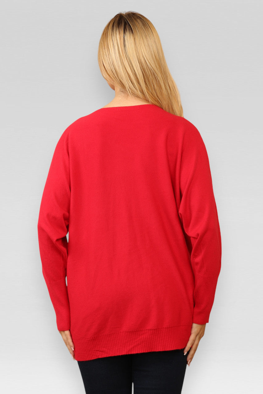 PEARL DIAMANTE FLOWERS KNITTED JUMPER RED