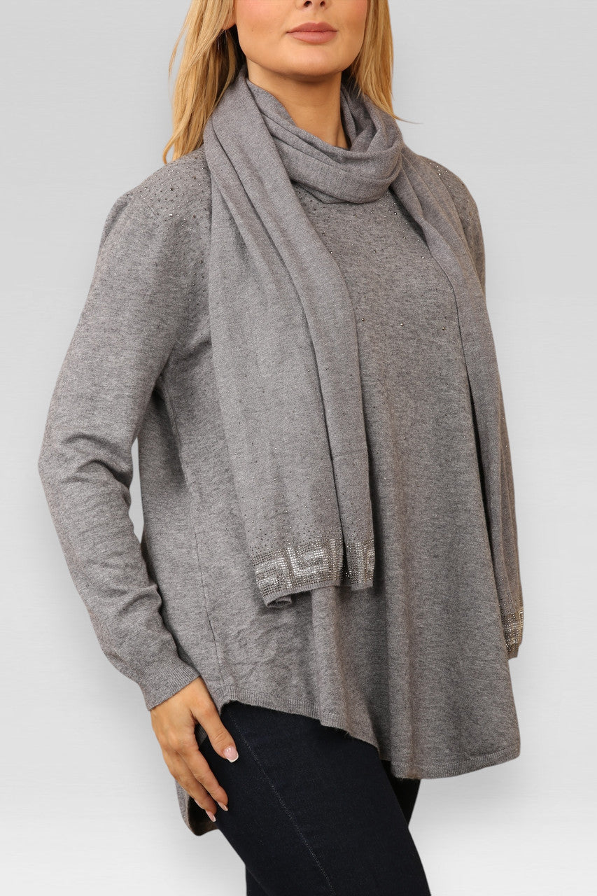DIAMANTE GEOMETRIC HEM JUMPER WITH MATCHING SCARF GREY