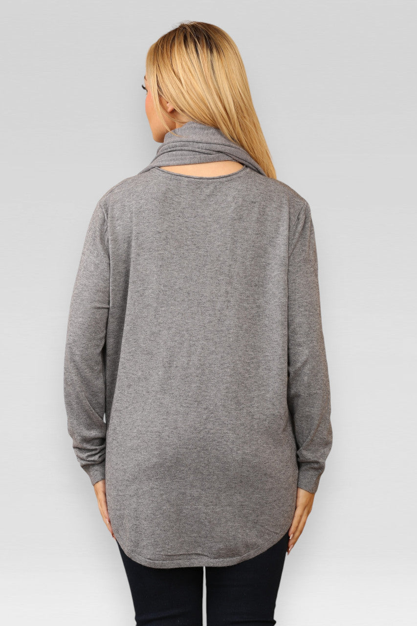 DIAMANTE GEOMETRIC HEM JUMPER WITH MATCHING SCARF GREY
