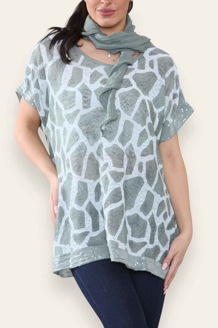 SJAALTOP MET MARMERPRINT KHAKI