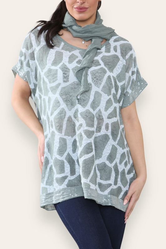 MARBLE PRINT SCARF TOP KHAKI