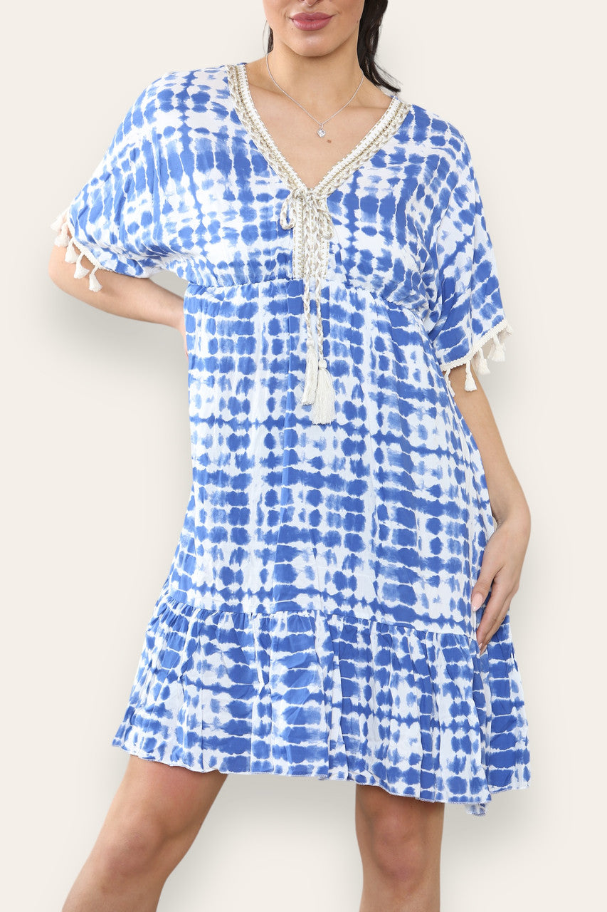 TIE DYE MIDI-JURK MET TOUWKWASJE EN DENIM