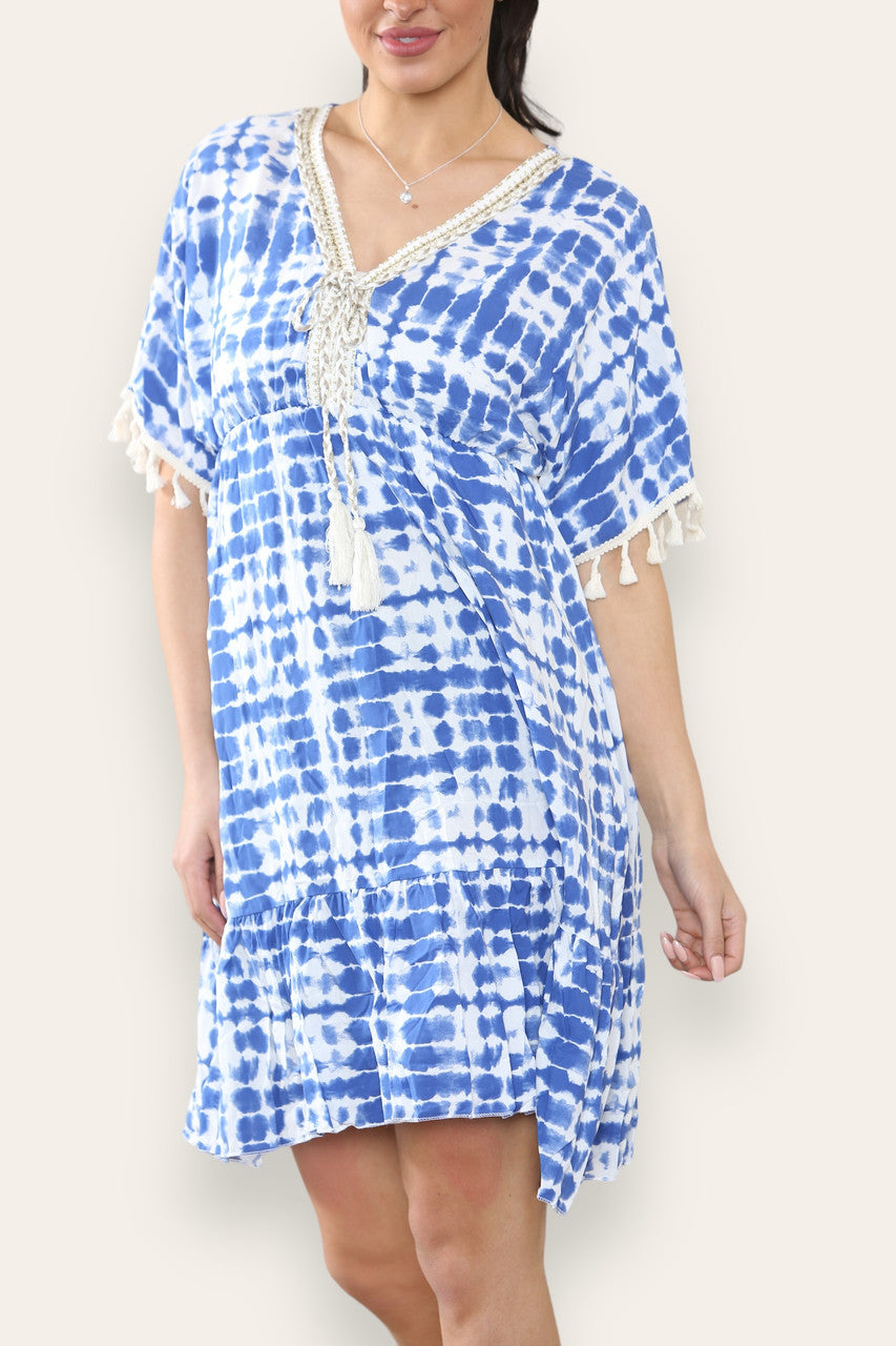 TIE DYE MIDI-JURK MET TOUWKWASJE EN DENIM