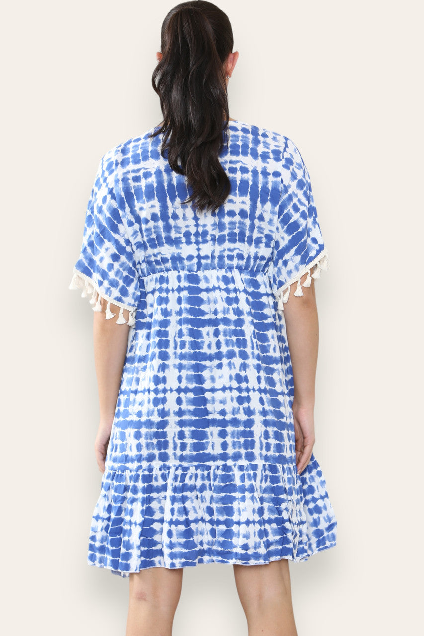 TIE DYE MIDI-JURK MET TOUWKWASJE EN DENIM