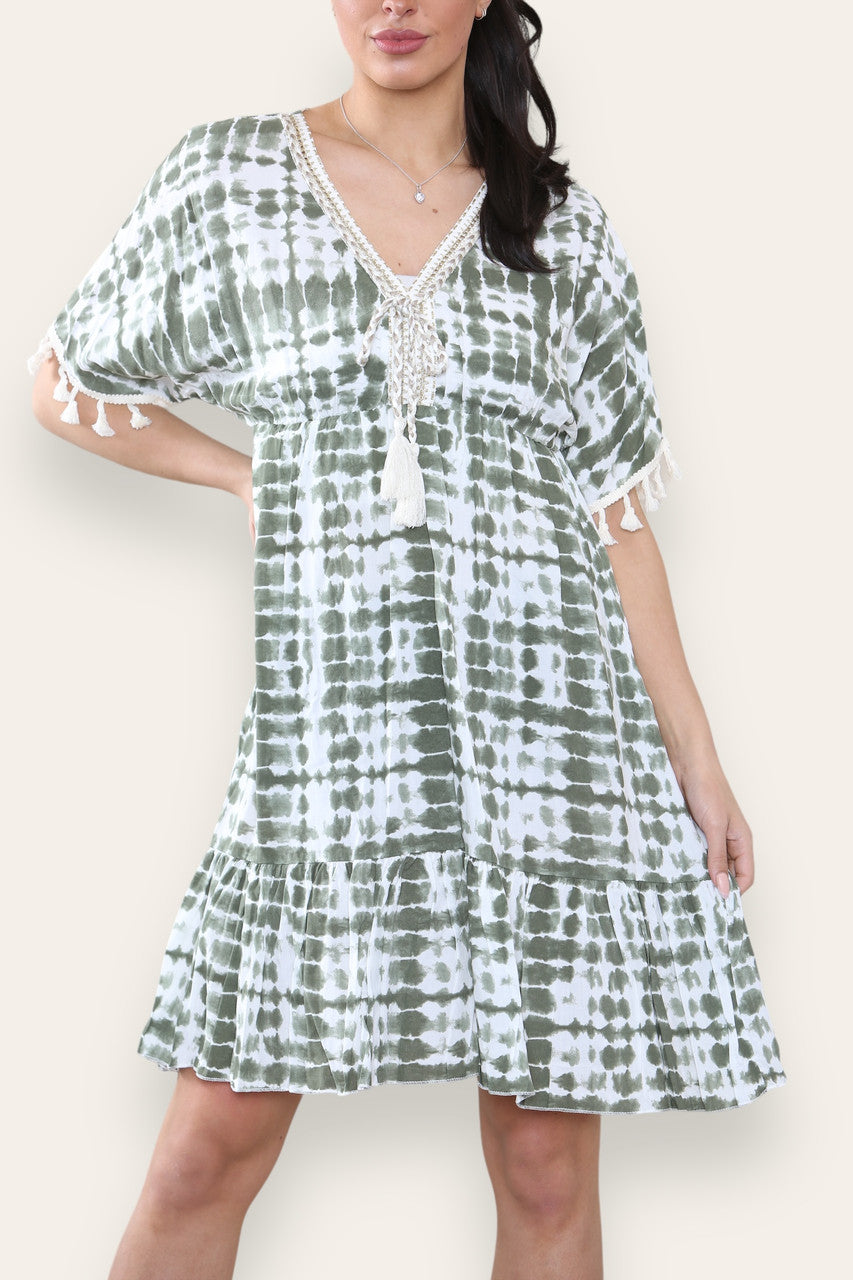 TIE DYE ROPE TASSEL DETAIL MIDI DRESS KHAKI