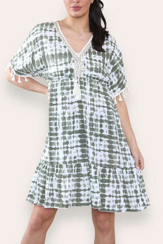TIE DYE MIDI-JURK MET TOUWDETAIL EN KWAS KHAKI