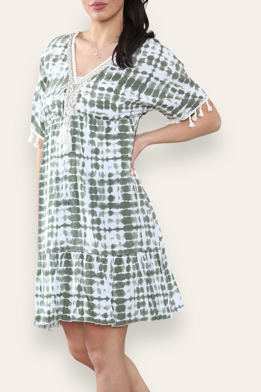 TIE DYE ROPE TASSEL DETAIL MIDI DRESS KHAKI