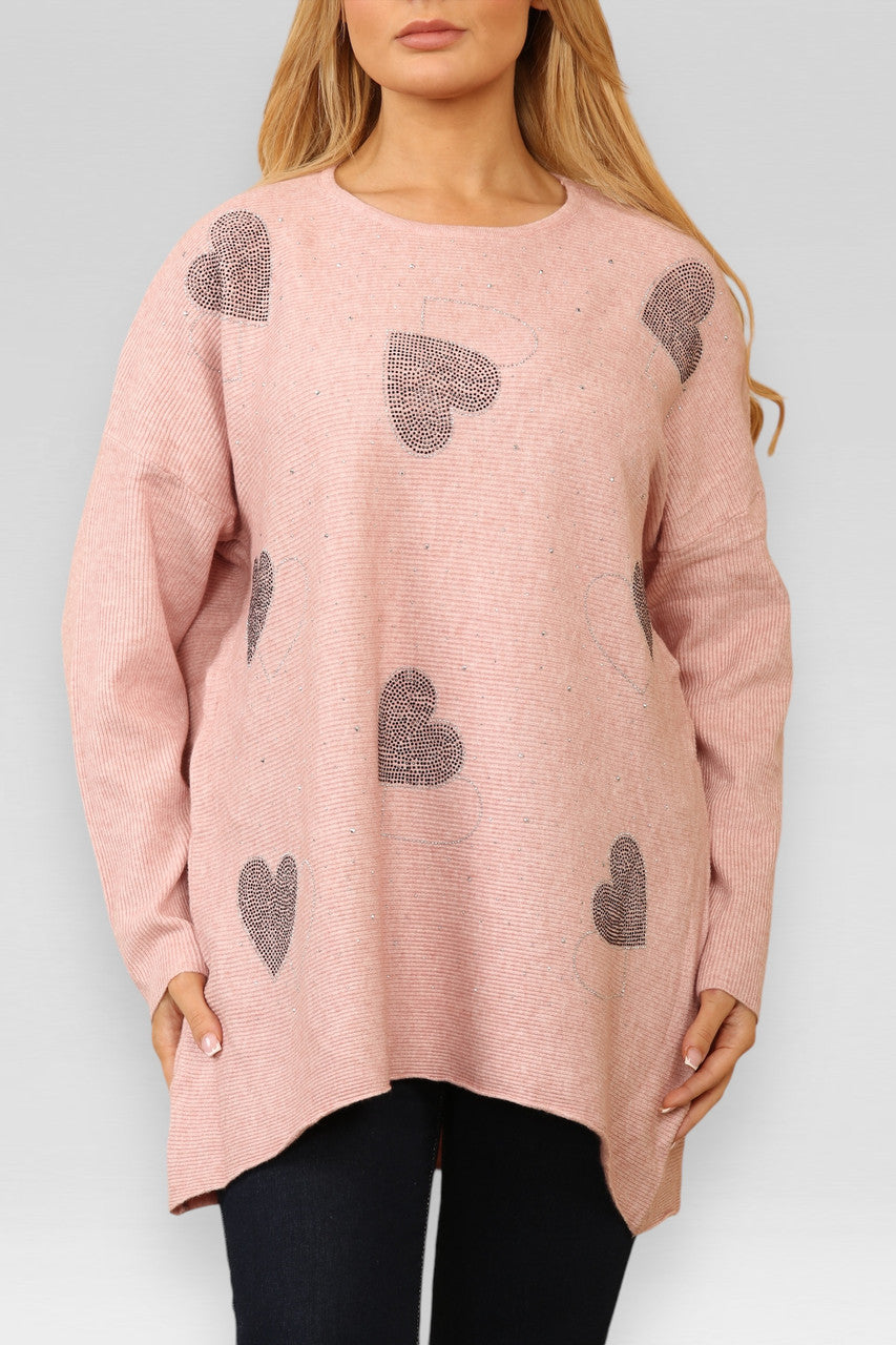 DIAMANTE HARTEN GEBREIDE TRUI ROZE