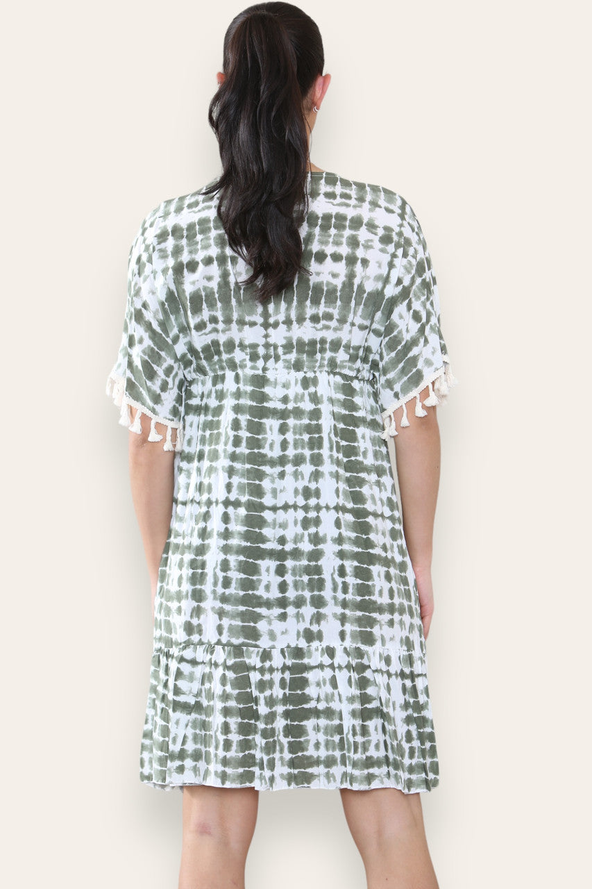 TIE DYE ROPE TASSEL DETAIL MIDI DRESS KHAKI