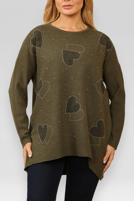 DIAMANTE HARTEN GEBREIDE TRUI KHAKI