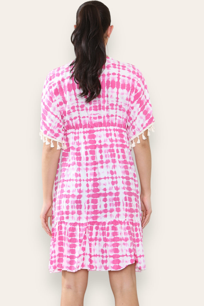 TIE DYE ROPE TASSEL DETAIL MIDI DRESS PINK