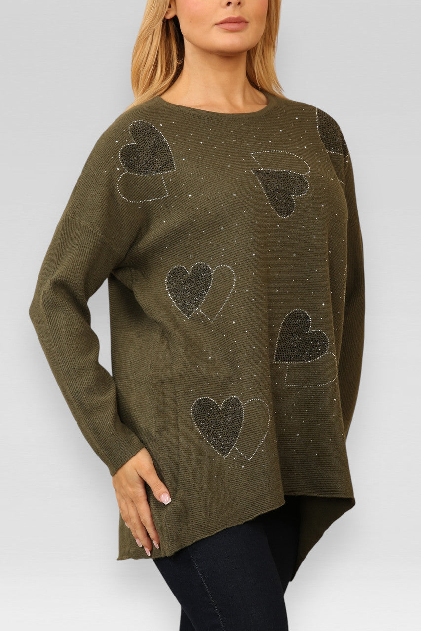 DIAMANTE HARTEN GEBREIDE TRUI KHAKI