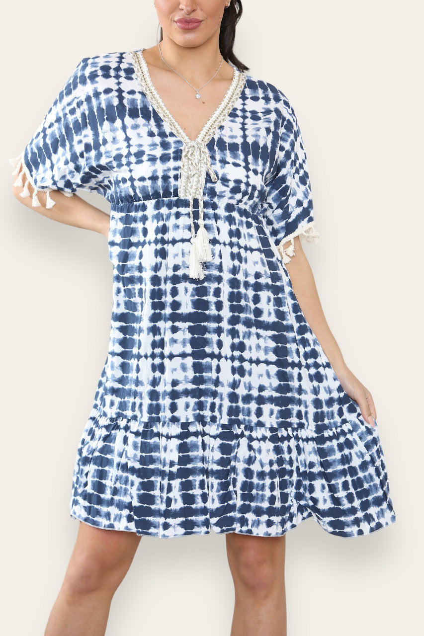 TIE DYE ROPE TASSEL DETAIL MIDI DRESS NAVY