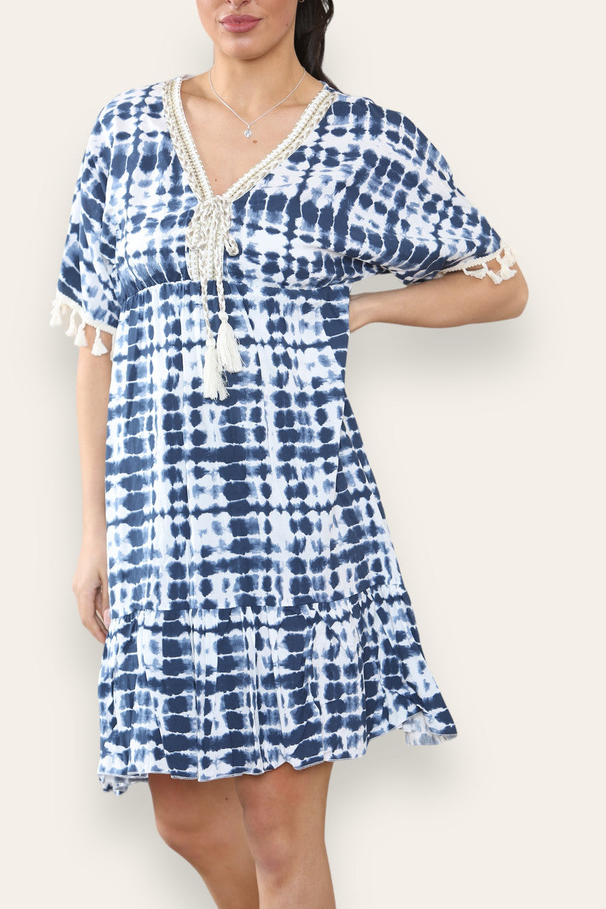 TIE DYE ROPE TASSEL DETAIL MIDI DRESS NAVY