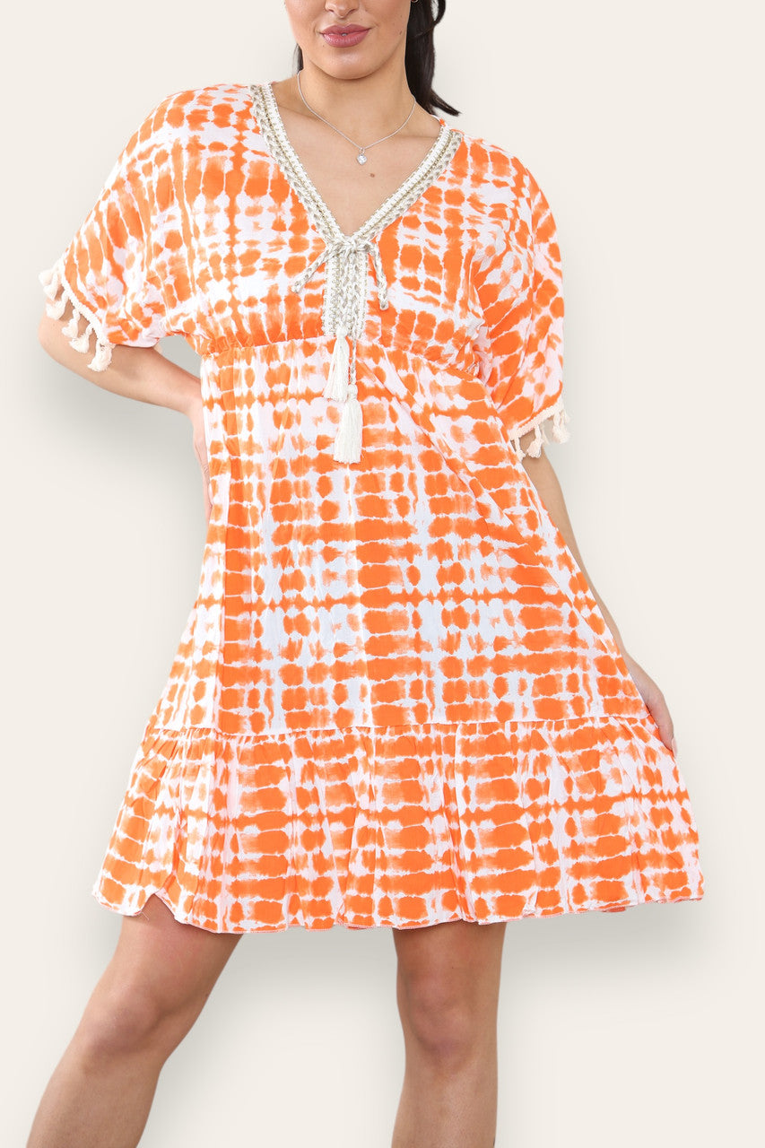 TIE DYE ROPE TASSEL DETAIL MIDI DRESS ORANGE