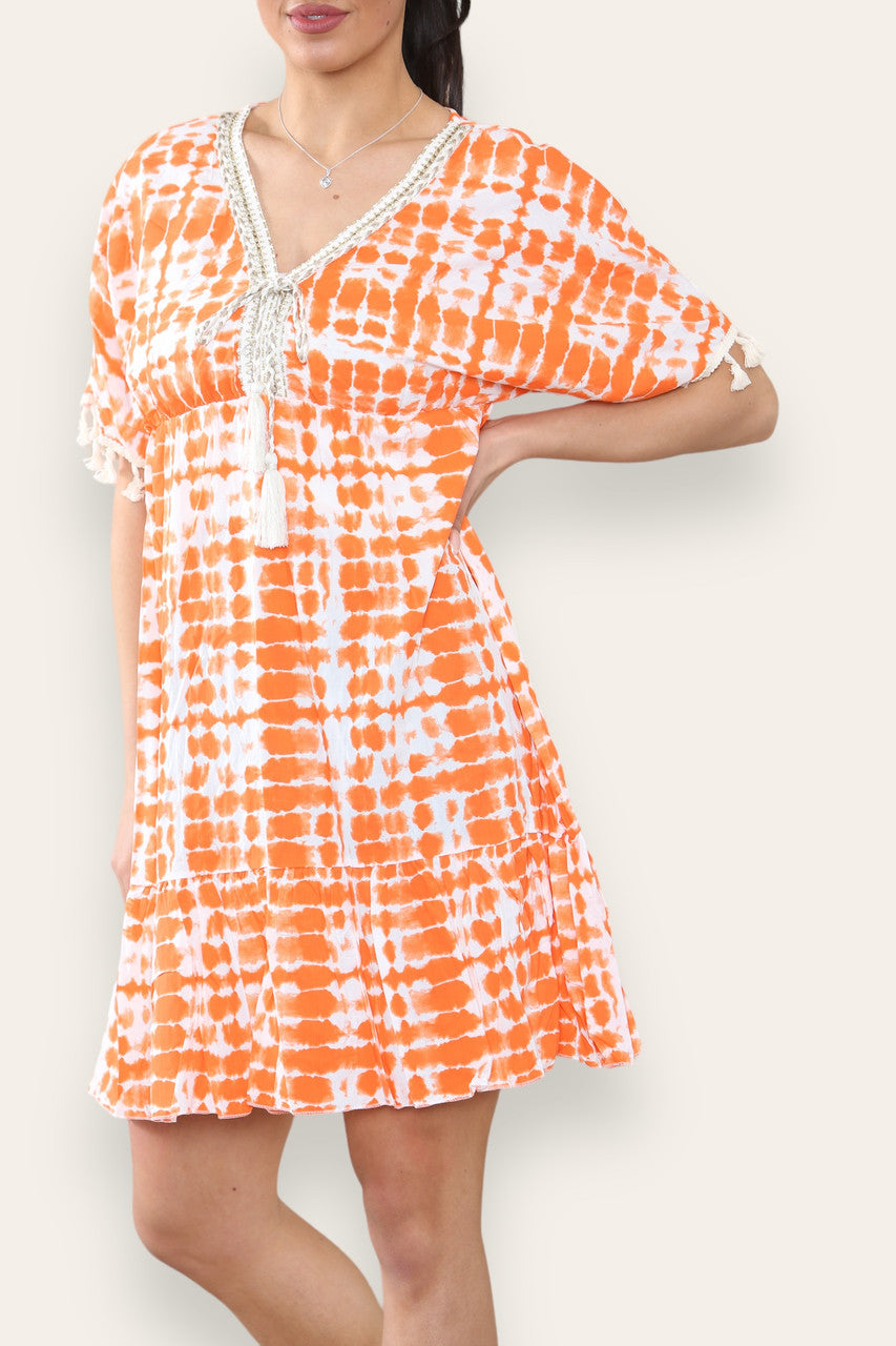 TIE DYE ROPE TASSEL DETAIL MIDI DRESS ORANGE