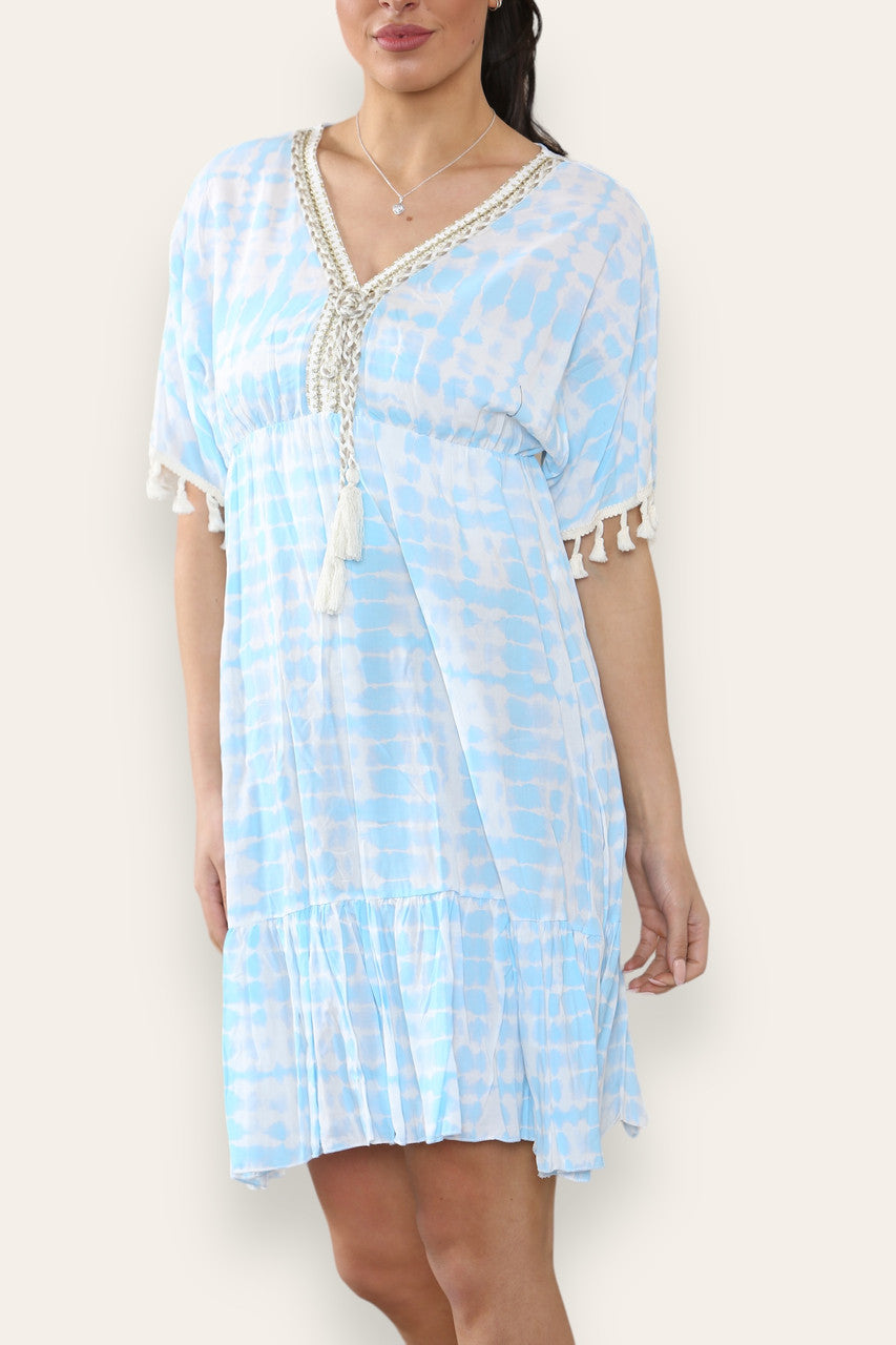 TIE DYE ROPE TASSEL DETAIL MIDI DRESS SKY BLUE