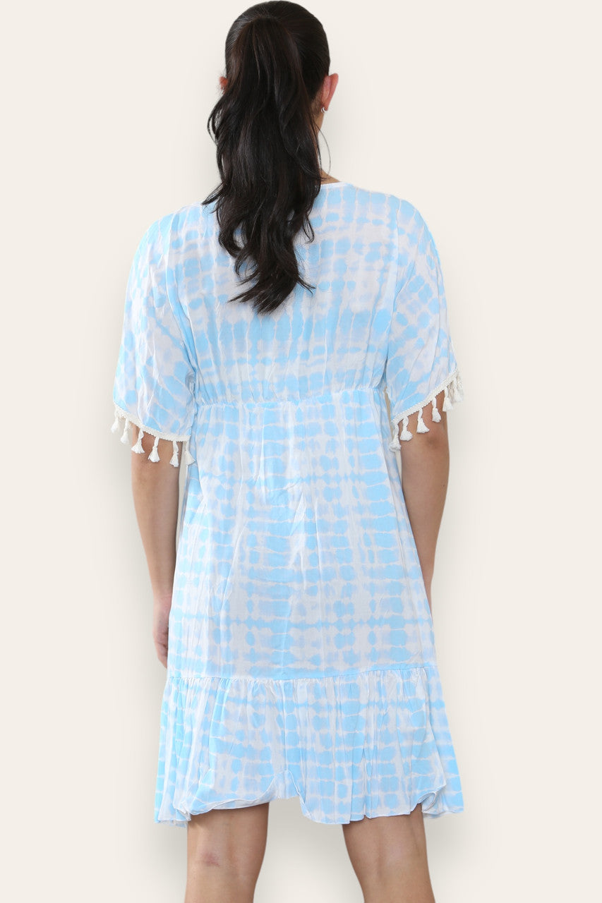 TIE DYE ROPE TASSEL DETAIL MIDI DRESS SKY BLUE
