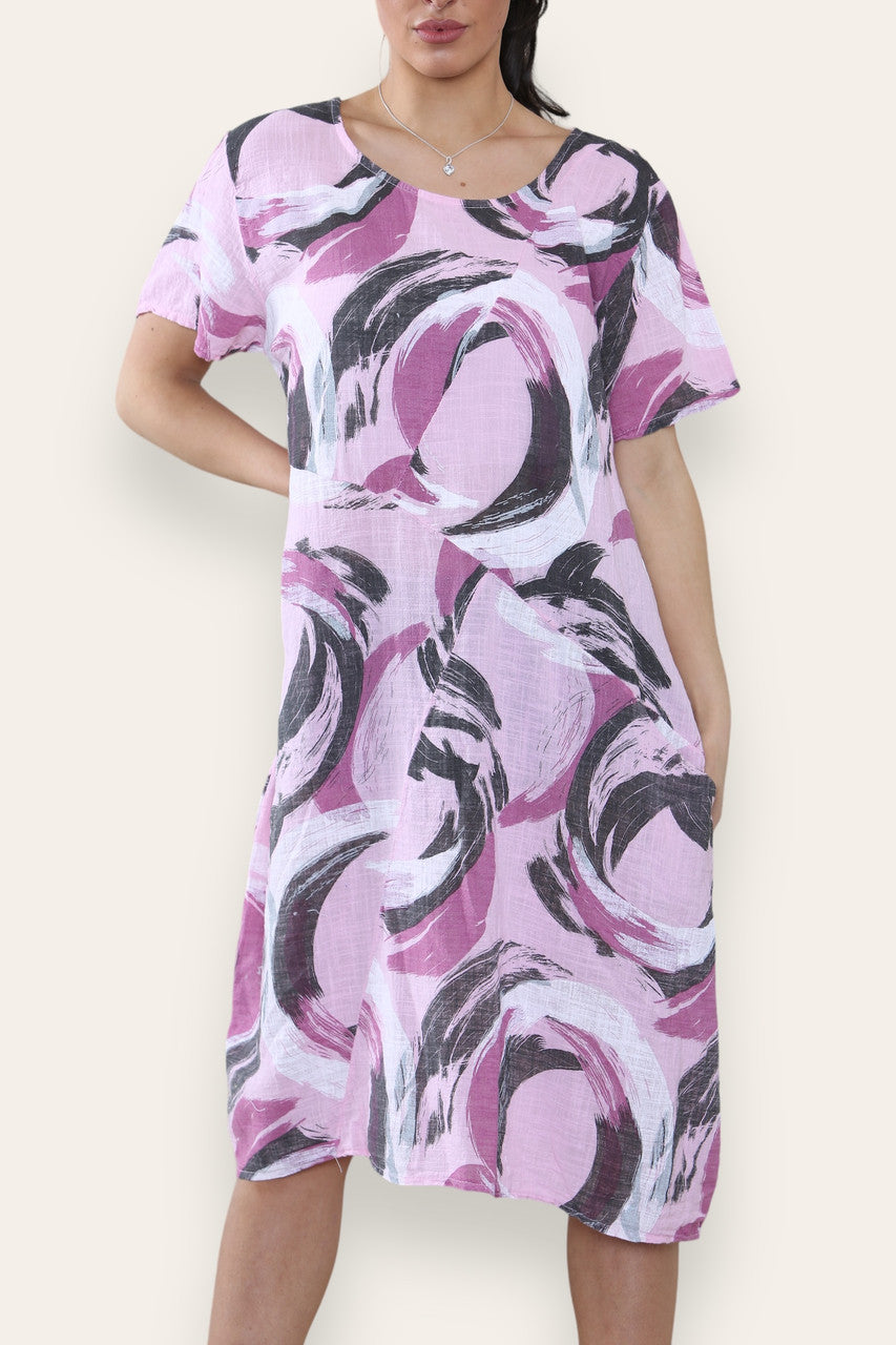 PAINT BRUSHSTROKES PRINT MIDI DRESS PINK