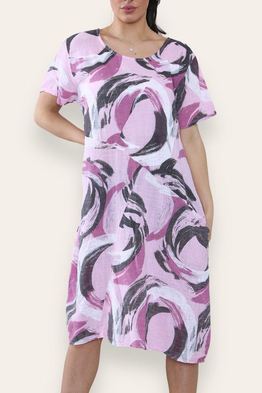 PAINT BRUSHSTROKES PRINT MIDI DRESS PINK