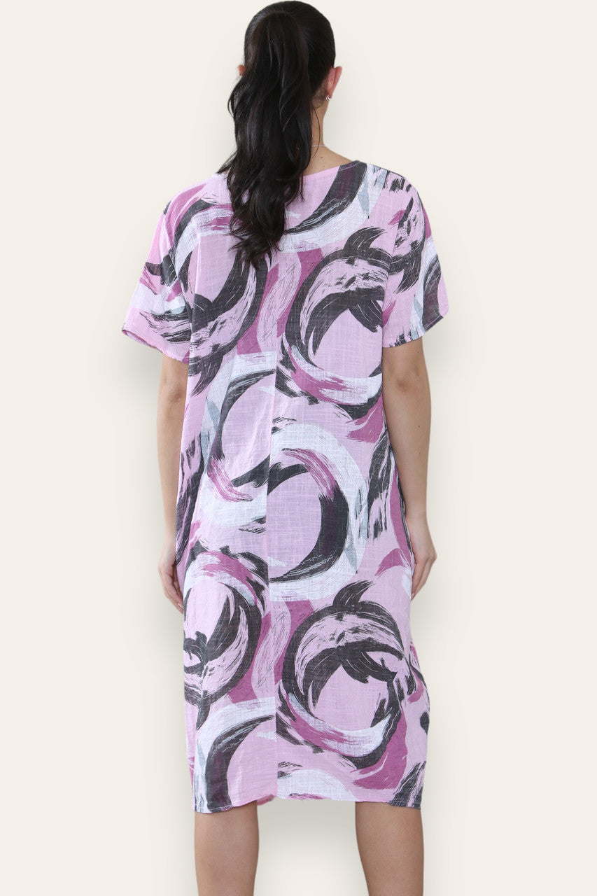 PAINT BRUSHSTROKES PRINT MIDI DRESS PINK