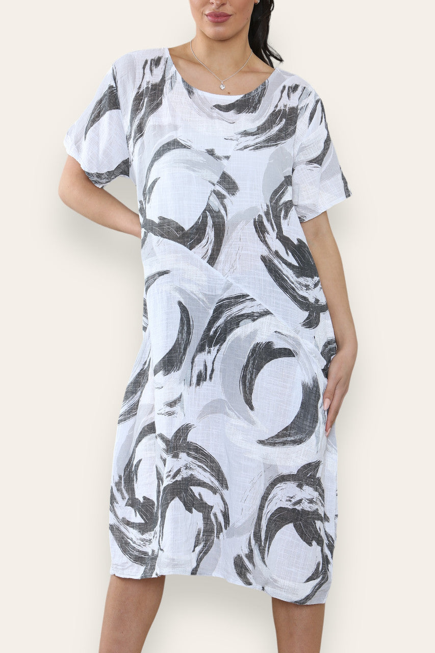 PAINT BRUSHSTROKES PRINT MIDI DRESS WHITE