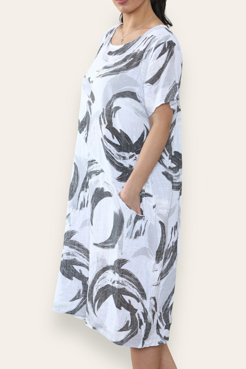 PAINT BRUSHSTROKES PRINT MIDI DRESS WHITE