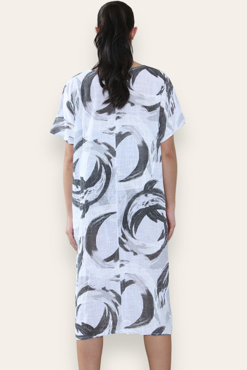 PAINT BRUSHSTROKES PRINT MIDI DRESS WHITE