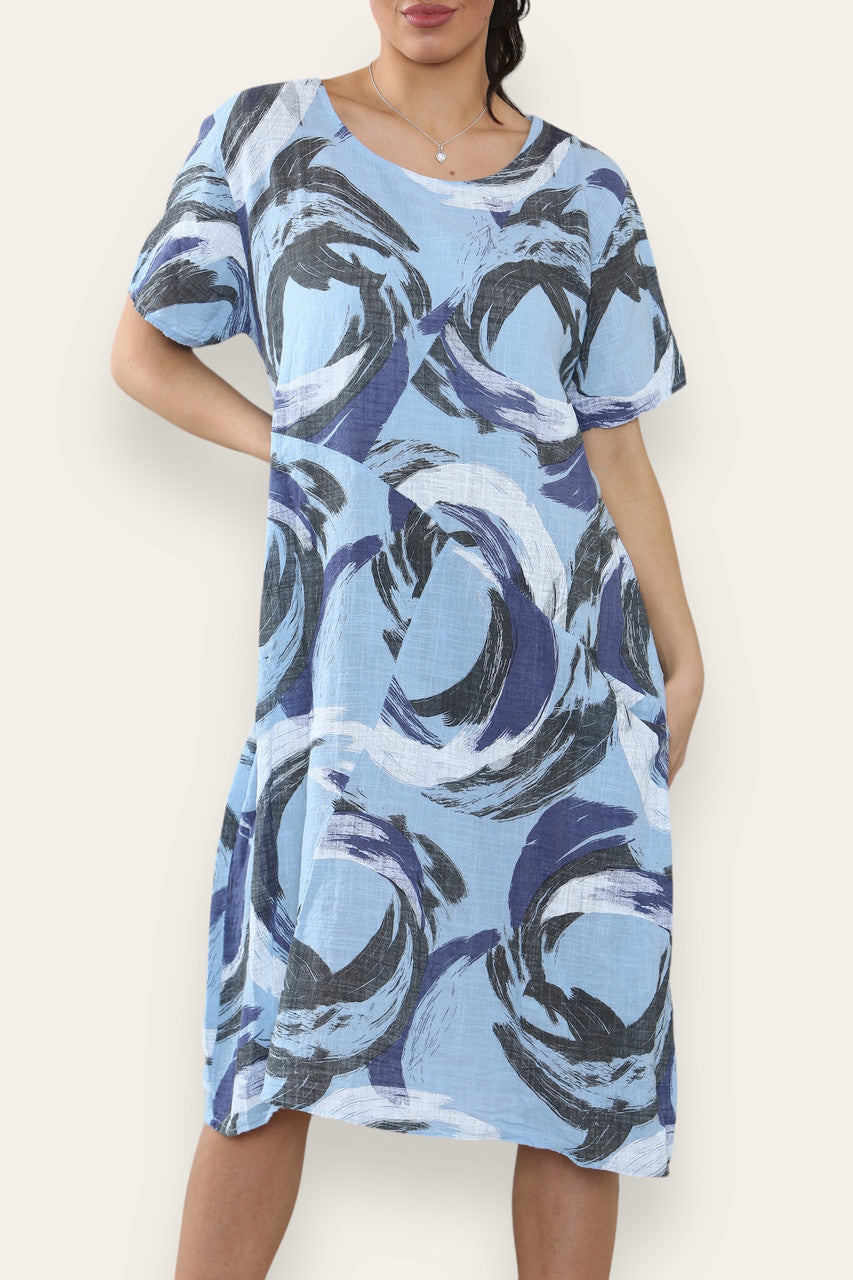 MIDI JURK MET VERFSTREEPJESPRINT BLAUW