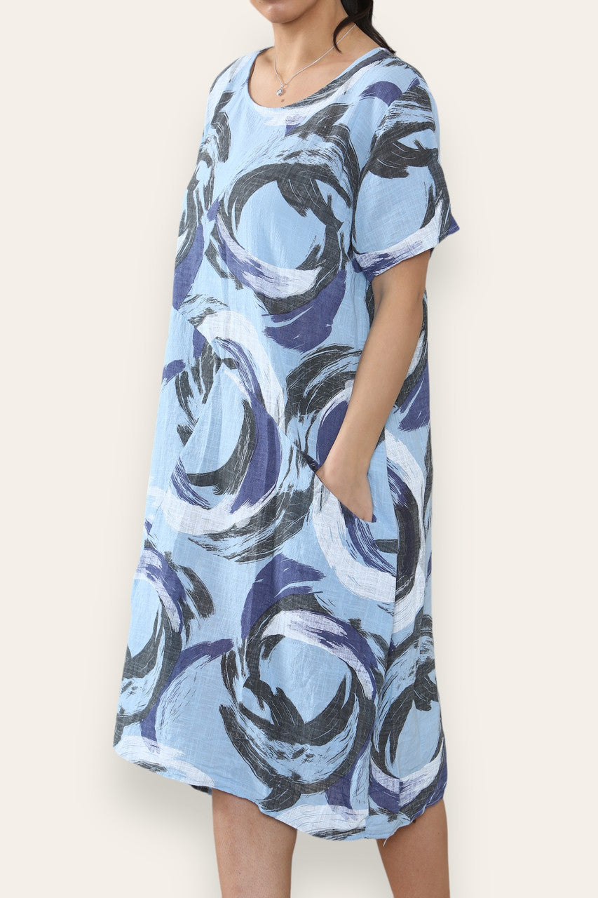 MIDI JURK MET VERFSTREEPJESPRINT BLAUW