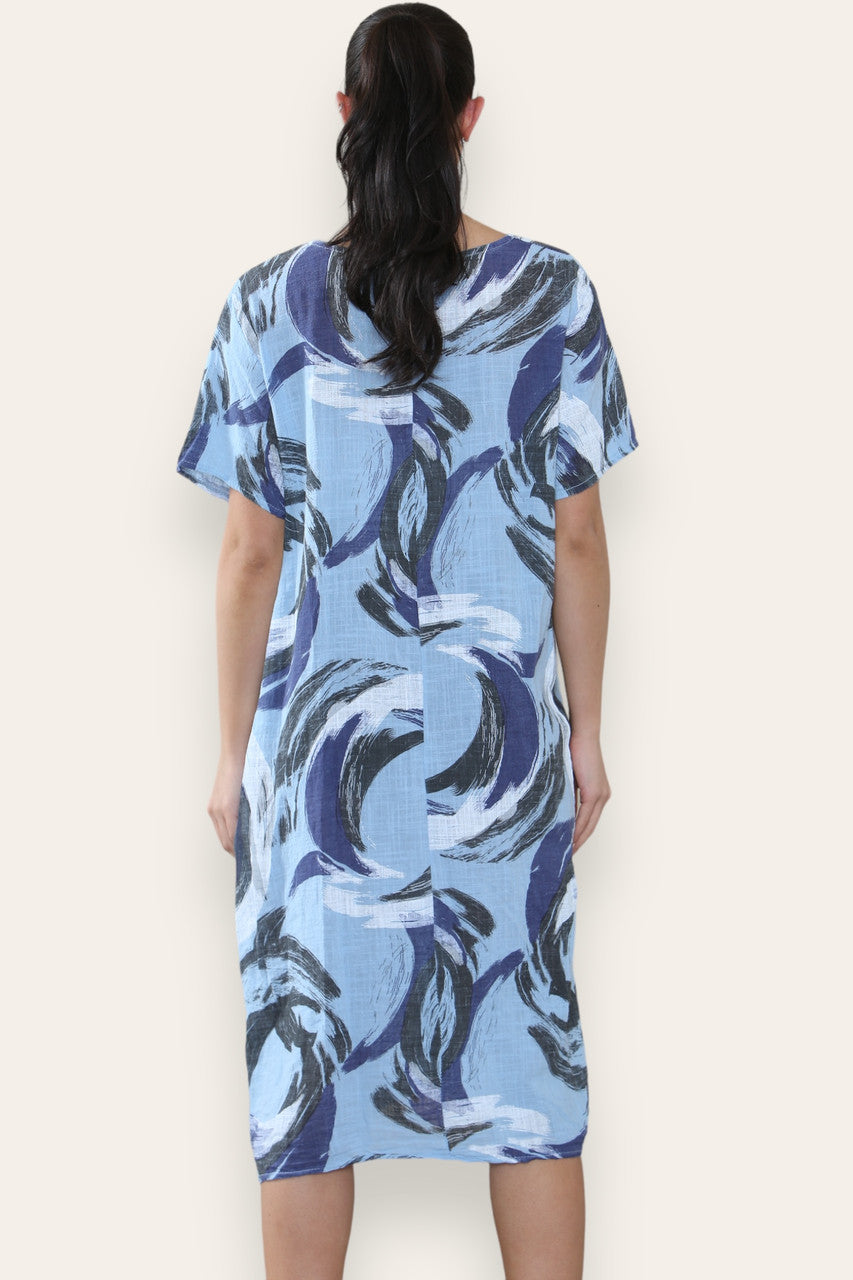MIDI JURK MET VERFSTREEPJESPRINT BLAUW