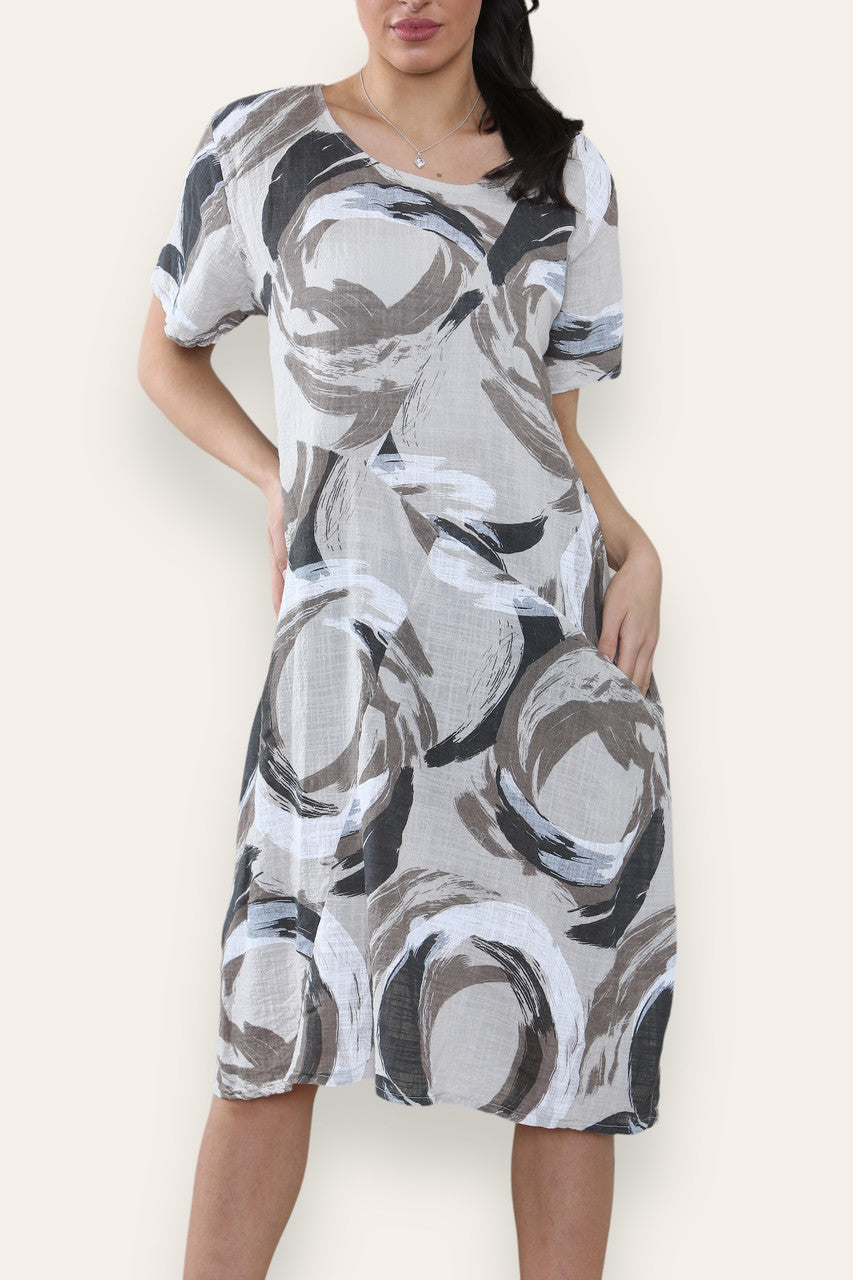 PAINT BRUSHSTROKES PRINT MIDI DRESS STONE