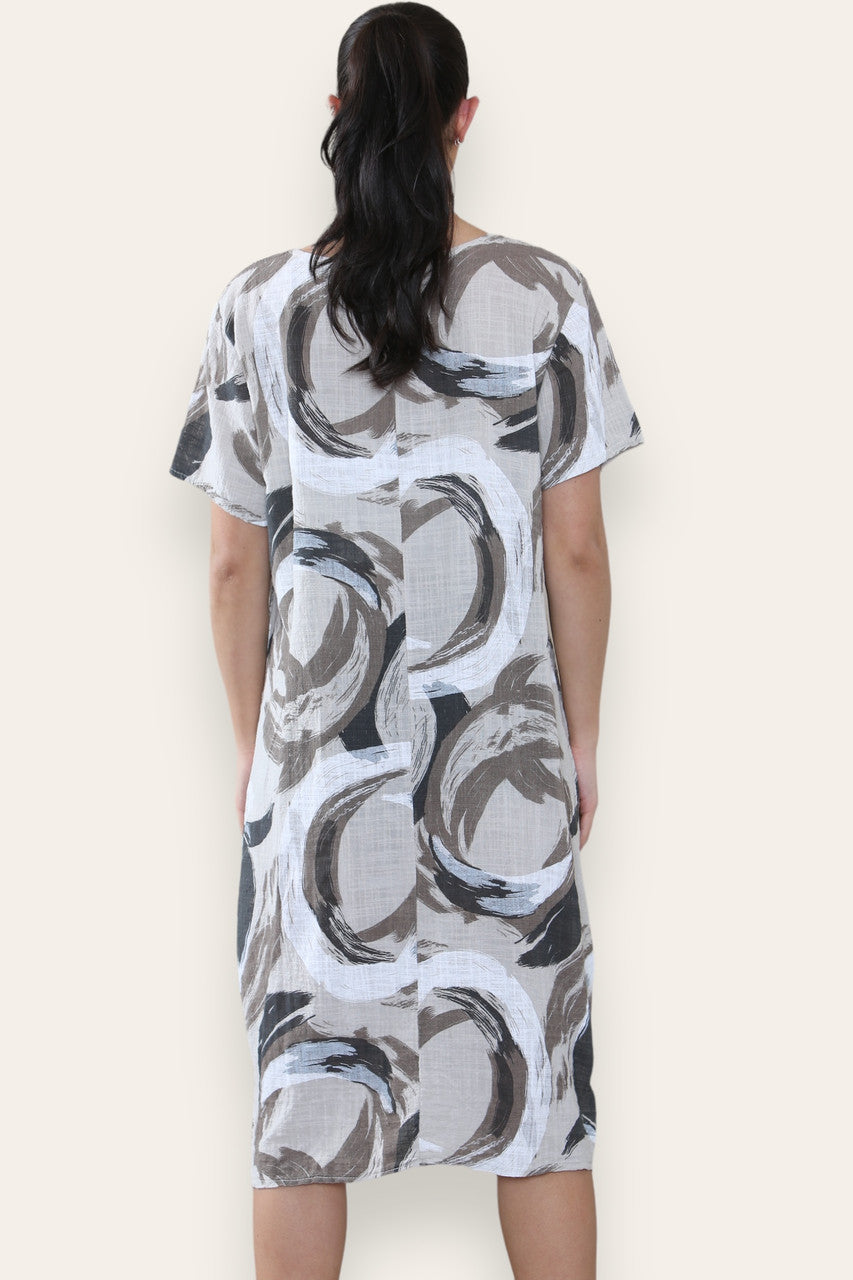 PAINT BRUSHSTROKES PRINT MIDI DRESS STONE