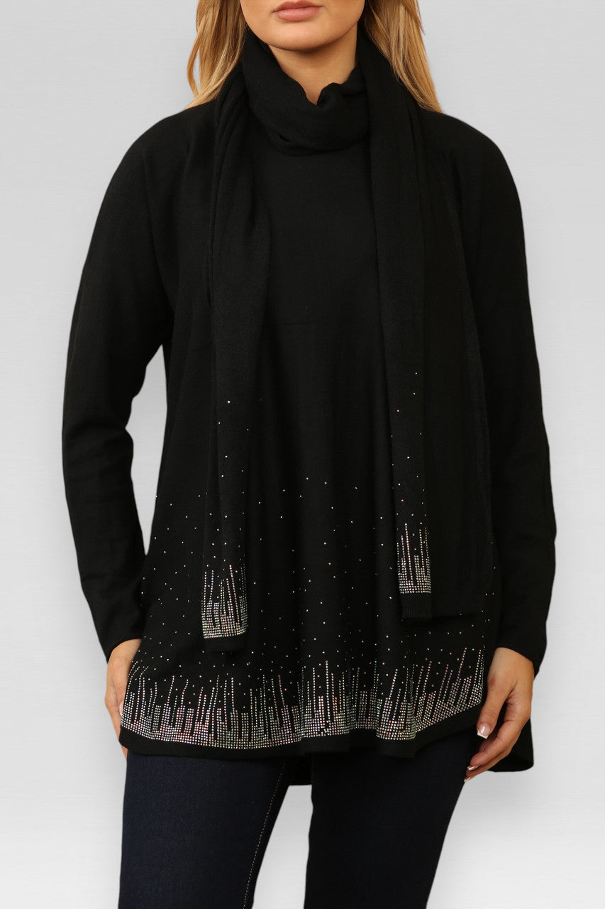DIAMANTE SPARKLE HEM JUMPER WITH MATCHING SCARF BLACK