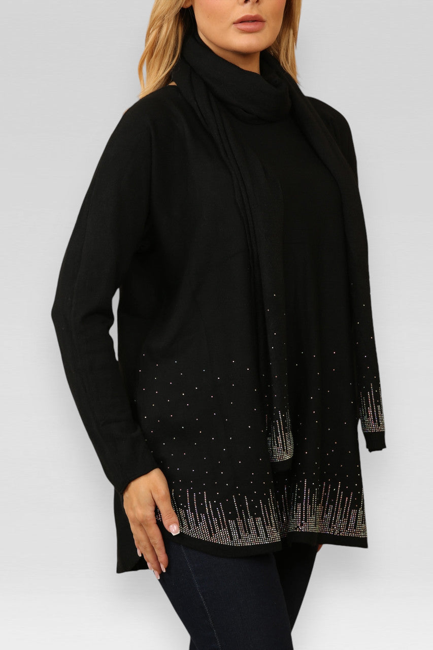 DIAMANTE SPARKLE HEM JUMPER WITH MATCHING SCARF BLACK