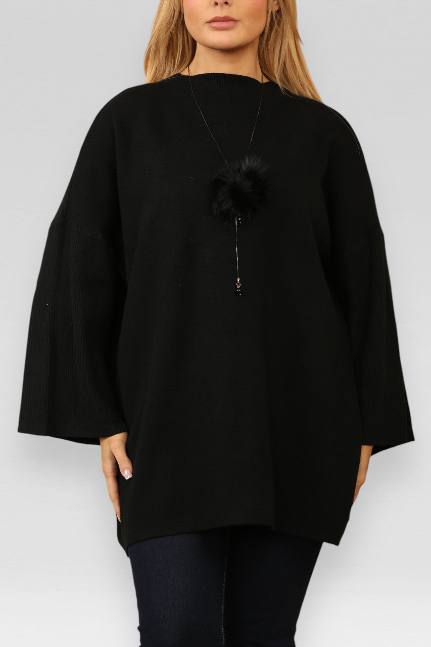 KNITTED JUMPER WITH FLUFFY POM POM NECKLACE BLACK