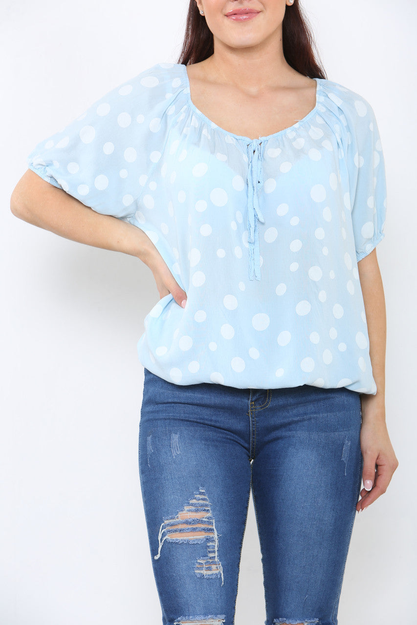 Ladies Polka Dots Print Top Light Blue