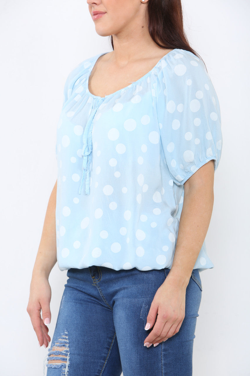 Ladies Polka Dots Print Top Light Blue