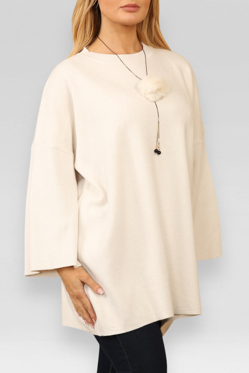 KNITTED JUMPER WITH FLUFFY POM POM NECKLACE CREAM