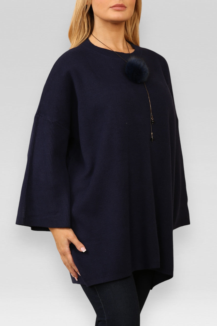 KNITTED JUMPER WITH FLUFFY POM POM NECKLACE NAVY