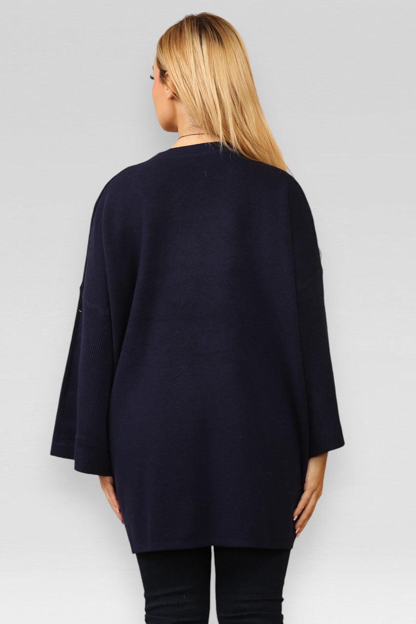KNITTED JUMPER WITH FLUFFY POM POM NECKLACE NAVY