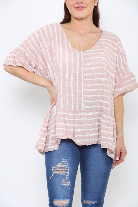 Ladies Stripe Floaty Top Dusty Pink