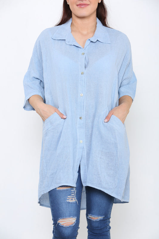 Ladies Linen Shirt Top Sky Blue